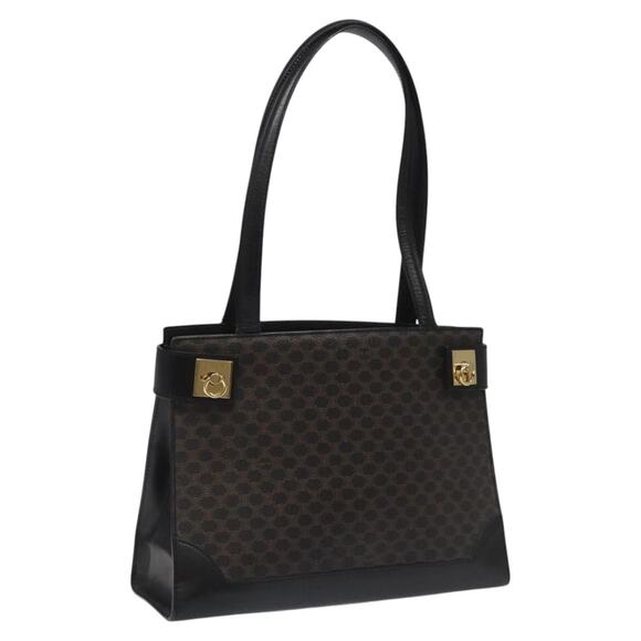 CELINE Macadam Canvas Shoulder Bag Pvc Leather Black Gold - Picture 1 of 12